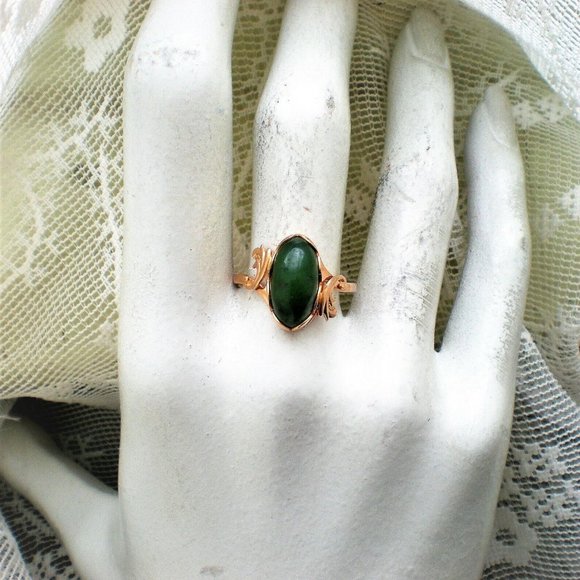 Vintage Russian Russia 14K 583 Rose Pink Gold Green Nephrite Jade Bypass Ring - Picture 8 of 9
